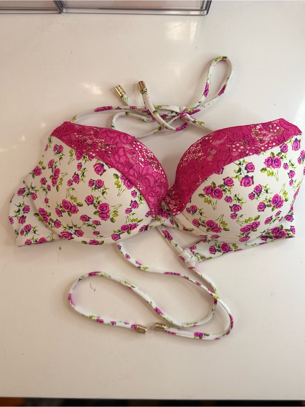 Beach Bunny Pink & White Floral Lace Push-Up Bikini Top